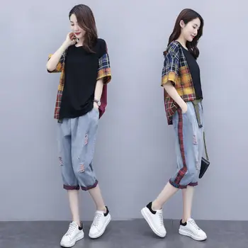 Senhoras Terno 2021 Verão coreano Versão Plus Size Mulheres Casual Xadrez de manga Curta Jeans Rasgado Solto Duas peças para as Mulheres