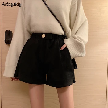 Shorts preto de Lã de Moda Macio e Confortável Bolsos de Cintura Elástica de Botão-design de Uma linha de Moda Feminina Estilo coreano Outono, Inverno