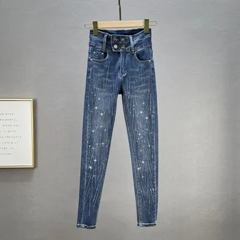 Trabalho pesado Quente Perfuração de Jeans Para Mulheres 2021 Novo Outono Slim Fit Lápis de Cintura Alta Jeans Trouses Feminino джинсы s1579
