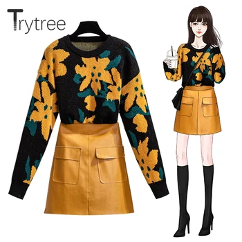 Trytree 2020 Outono Inverno de Duas peças de Mulheres Conjunto Floral Elastic O decote da Camisola + Bolso de Zíper PU Shorts Saia Casual 2 Terno de Peça