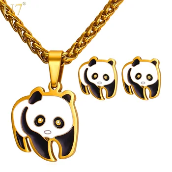 U7 Adorável Panda Bonito Conjunto De Jóias De Ouro De Aço Inoxidável Da Cor Chinês Animal Charme Do Esmalte Brincos & Colar Conjuntos Para As Mulheres S848