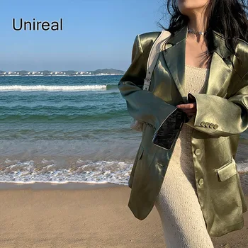 Unireal 2022 Primavera, Outono, As Mulheres De Cetim Blazer Vintage Coats Casual Streetwear Chique Feamle Verde Paletó