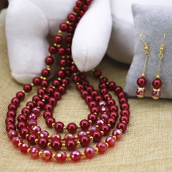 Venda quente de moda, red shell simulado-pérola 6mm 8mm contas redondas corrente colar brincos mulheres requintadas conjunto de jóias de 20inch B3104