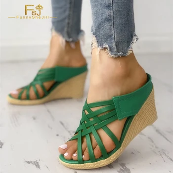 Verde Cunha Tecido Sandálias de Dedo do pé Aberto Moda feminina Mules, Sandálias Plus Size 15 16