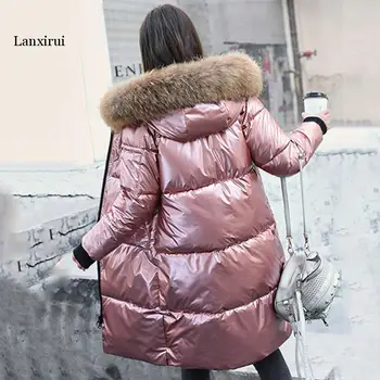winter X-longo brilhante sólido mulheres parkas com gola de pele com capuz de grosso estilo coreano puffer de casacos e jaquetas de mulheres