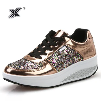 X Marca Designer De Ouro Plataforma Sapatos De Glitter Mulheres Da Moda Espelhos Sapatos Casuais De Pedaços Brilhantes Sapatos Mulheres Casual, Tênis 2021