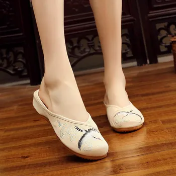 YRZP Comfort, Roupa de Algodão Televisão Slides Mulas para Senhoras Chinês Sapatos Bordados de Guindaste Bordado Mulheres de Lona Chinelos de quarto