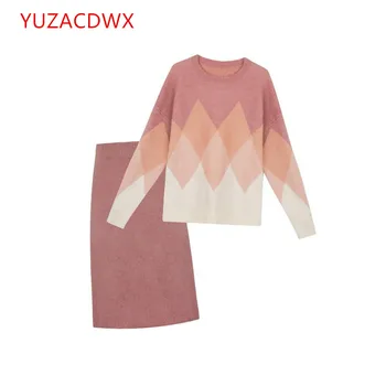 YUZACDWX 2021 Outono Doce de Tricô de Duas peças de Conjunto de Mulheres Elegantes Rhombic Lattice Pulôver+Cintura Elástica Mini-Saia de Senhoras Terno