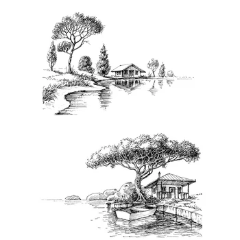 ZhuoAng Árvore e barco pelo rio Claro Carimbo para Scrapbooking Carimbo de Borracha do Selo de Papel Craft Claro Selos Cartão de Fazer